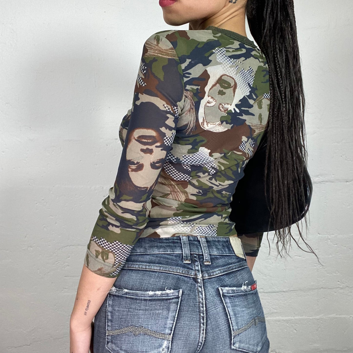 Vintage 2000’s Rave Camouflage Khaki Green Longsleeve Top with Face Prints (S)
