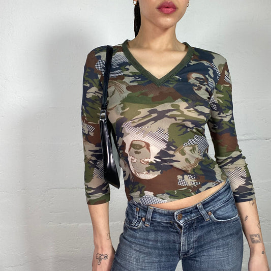 Vintage 2000’s Rave Camouflage Khaki Green Longsleeve Top with Face Prints (S)