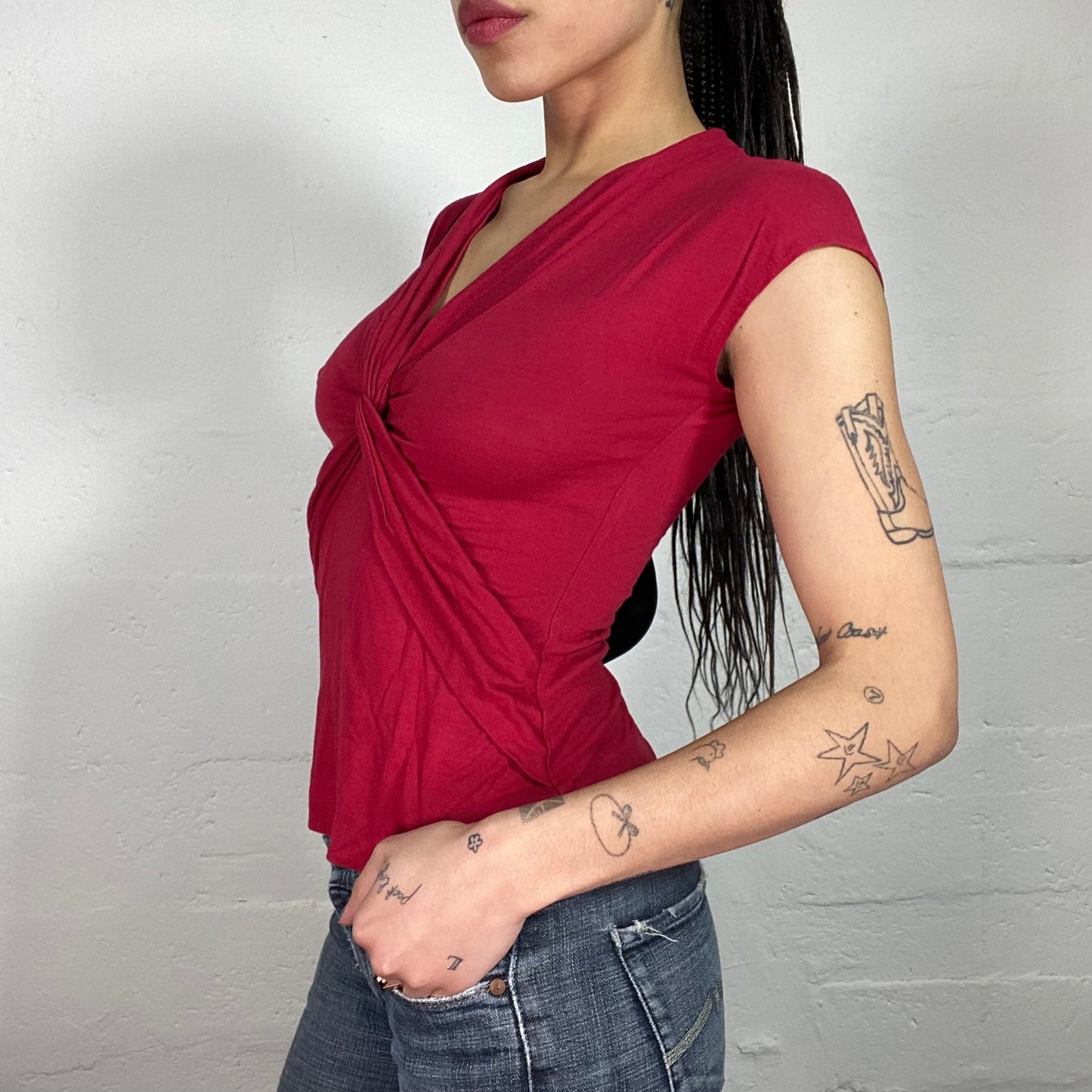 Vintage 90’s Downtown Girl Cherry Red V-Neck Top with Light Drapes and Micro Sleeves (1)