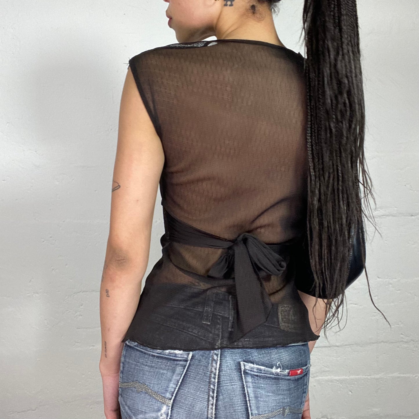 Vintage 2000’s Coquette Brown Mesh See-Through Sleeveless V-Neck Top with Lace Bra (S)