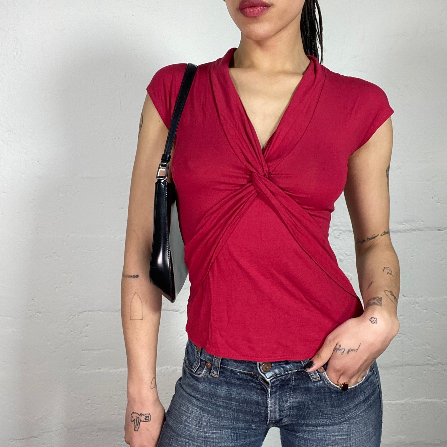 Vintage 90’s Downtown Girl Cherry Red V-Neck Top with Light Drapes and Micro Sleeves (1)