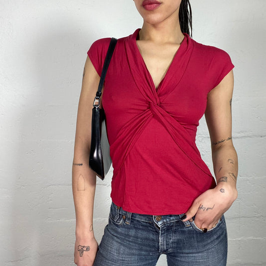 Vintage 90’s Downtown Girl Cherry Red V-Neck Top with Light Drapes and Micro Sleeves (1)