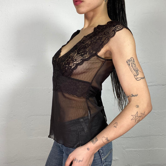 Vintage 2000’s Coquette Brown Mesh See-Through Sleeveless V-Neck Top with Lace Bra (S)