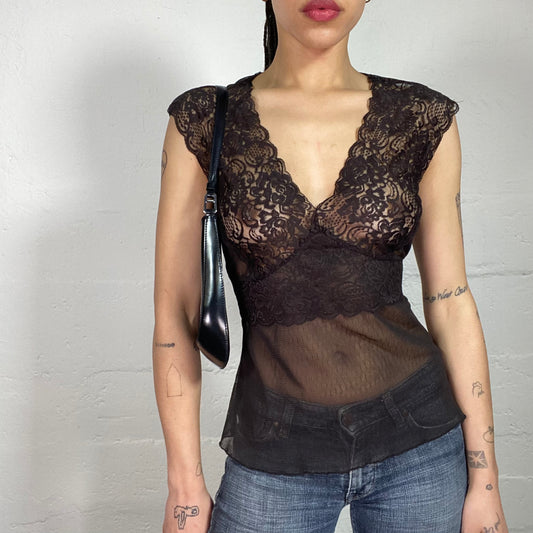 Vintage 2000’s Coquette Brown Mesh See-Through Sleeveless V-Neck Top with Lace Bra (S)