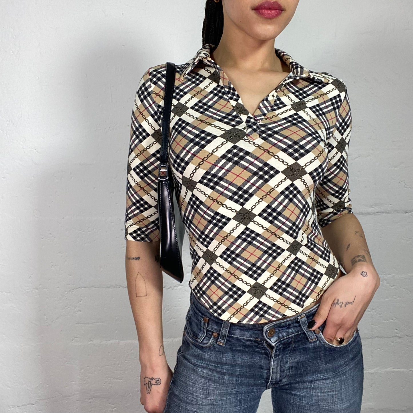 Vintage 90’s Datenight Brown and Beige Checkered 2/4 Sleeve Top (S)