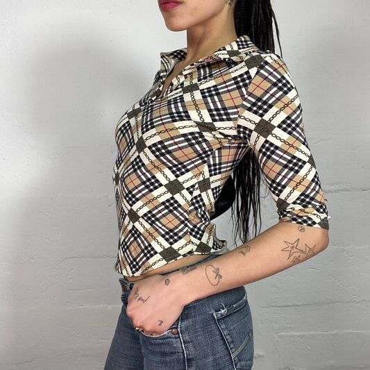 Vintage 90’s Datenight Brown and Beige Checkered 2/4 Sleeve Top (S)