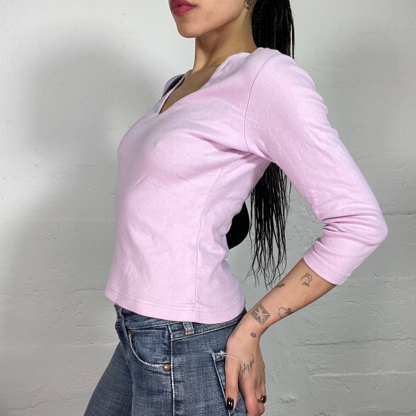 Vintage 2000’s Soft Girl Cold Pink 3/4 Sleeve and V-Neck Top (S)