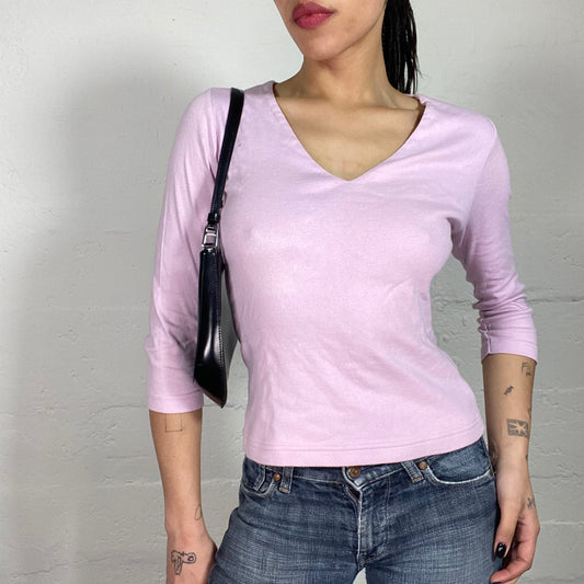 Vintage 2000’s Soft Girl Cold Pink 3/4 Sleeve and V-Neck Top (S)