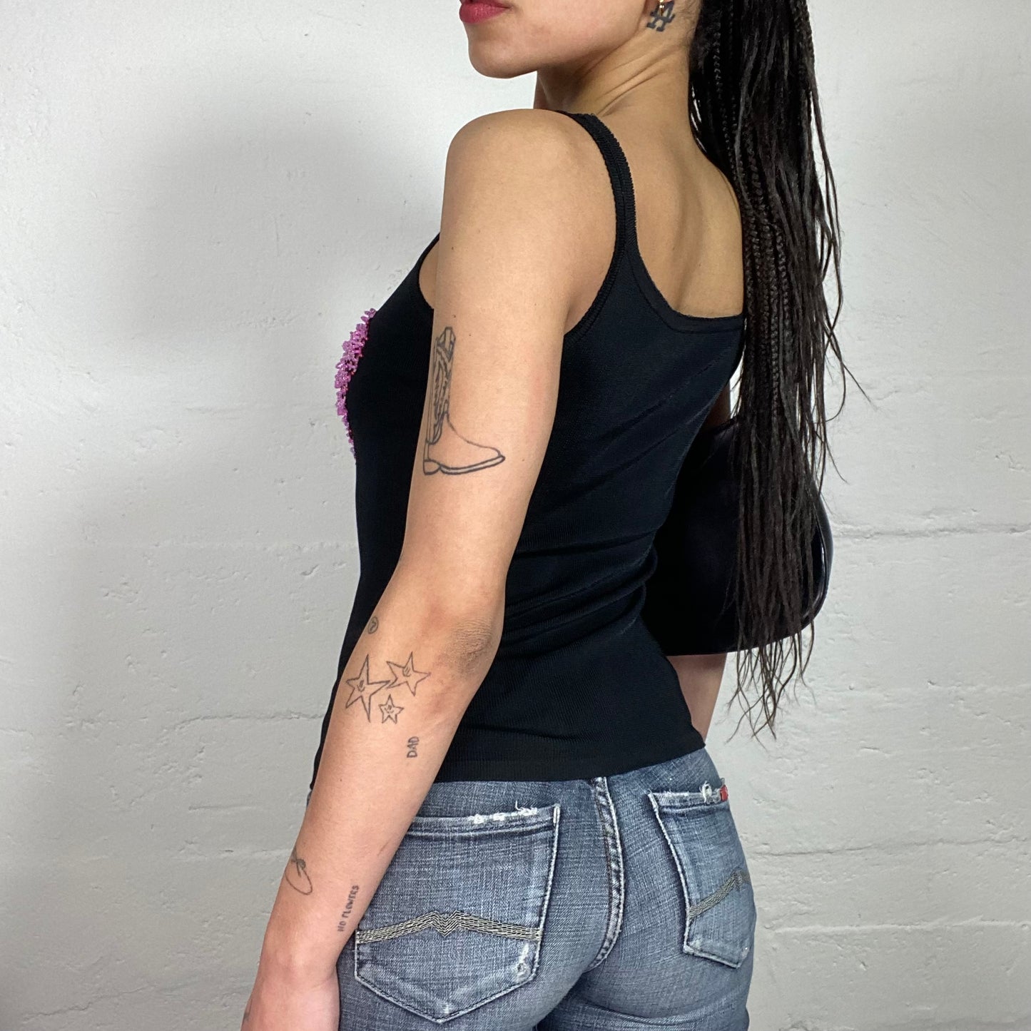 Vintage 2000’s Glamorous Downtown Girl Black Tank Top with Pink and Red Sequins (S)