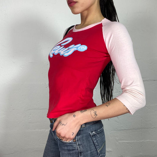 Vintage 90’s Archive Levi’s Sporty Pink and Red 3/4 Sleeve Top with Logo Print (S)