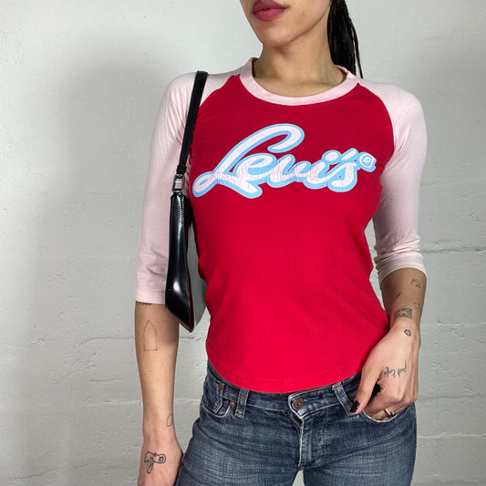 Vintage 90’s Archive Levi’s Sporty Pink and Red 3/4 Sleeve Top with Logo Print (S)