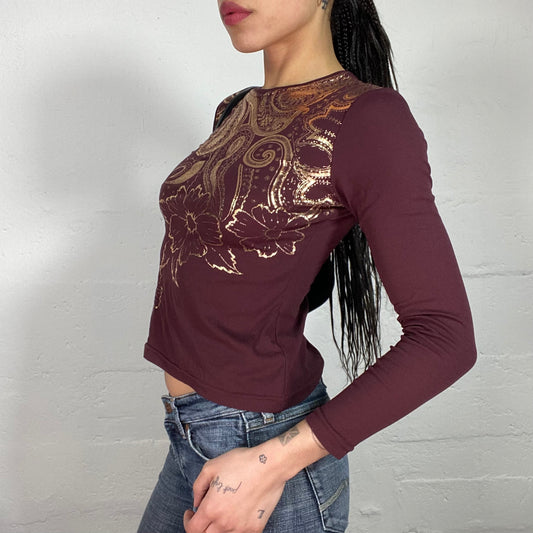 Vintage 90’s Boho Burgundy Longsleeve Jersey Top with Golden Flower and Paisley Print (S)