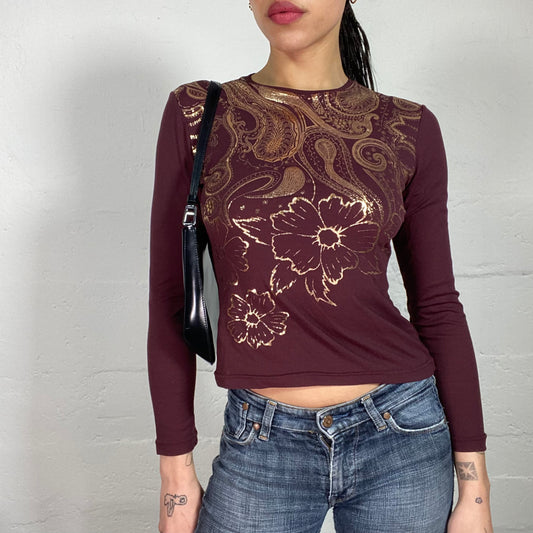 Vintage 90’s Boho Burgundy Longsleeve Jersey Top with Golden Flower and Paisley Print (S)
