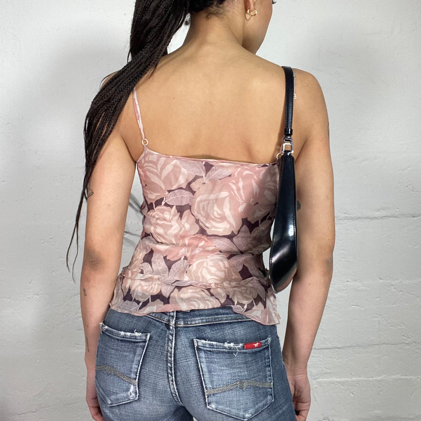 Vintage 90’s Romantic Faded Pink Shiffon Cami Top with Floral Print and Middle Ribbon (S)