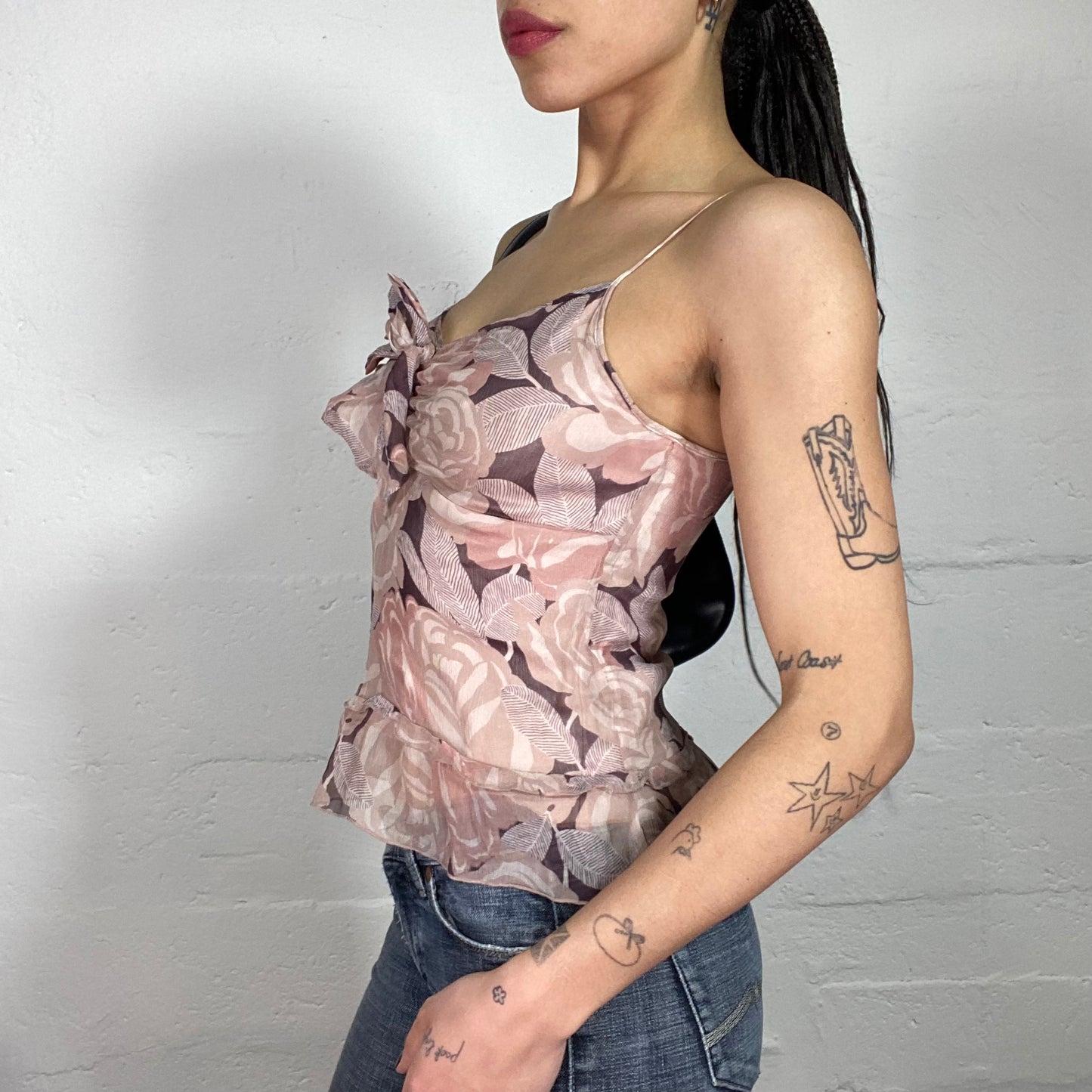 Vintage 90’s Romantic Faded Pink Shiffon Cami Top with Floral Print and Middle Ribbon (S)