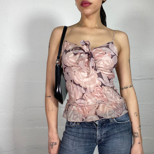 Vintage 90’s Romantic Faded Pink Shiffon Cami Top with Floral Print and Middle Ribbon (S)