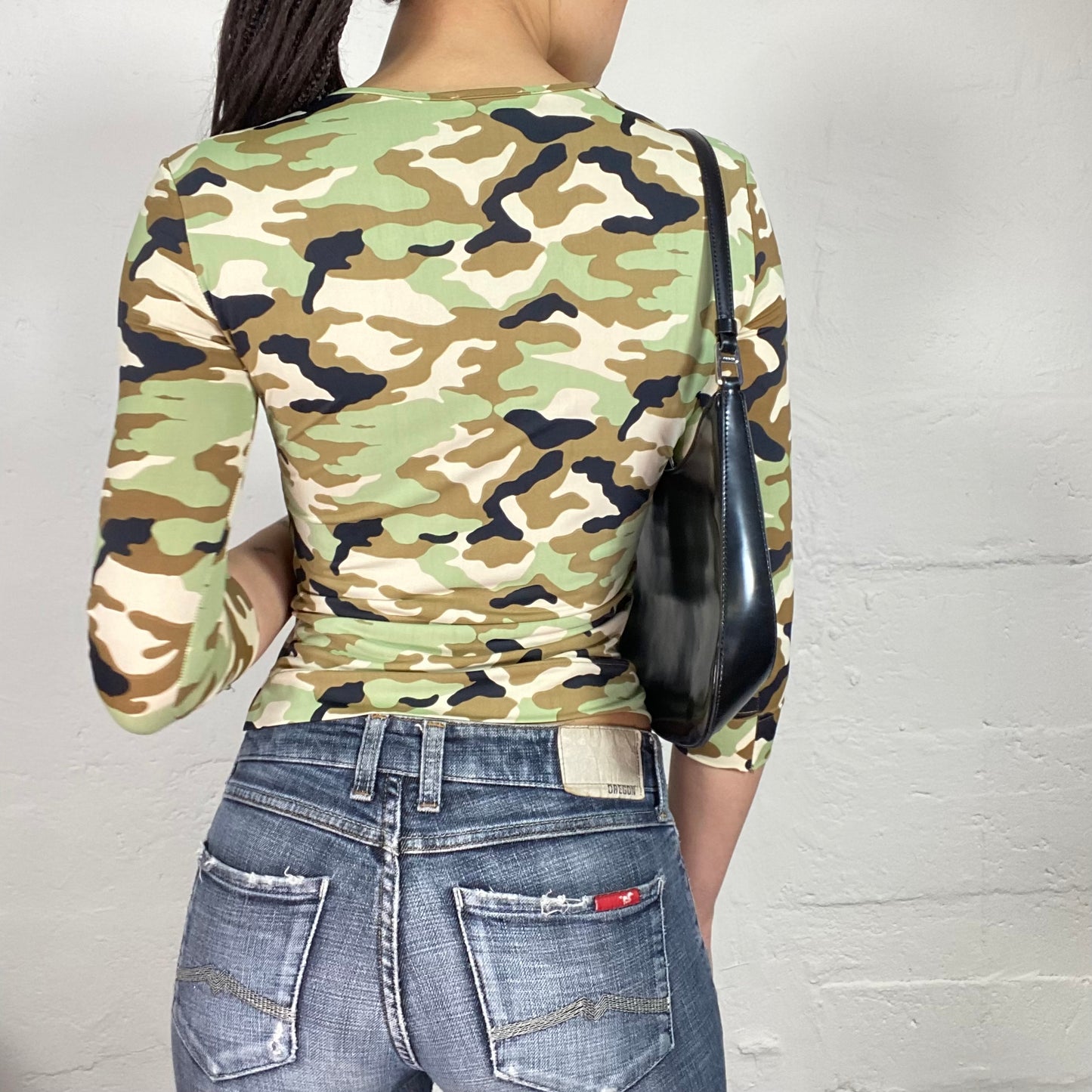 Vintage 90’s Downtown Girl Cropped Camouflage Jersey 3/4 Sleeve Top with V-Neck Cut