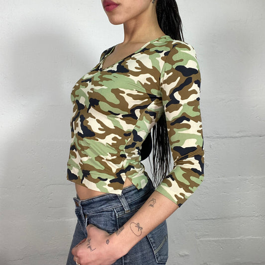 Vintage 90’s Downtown Girl Cropped Camouflage Jersey 3/4 Sleeve Top with V-Neck Cut