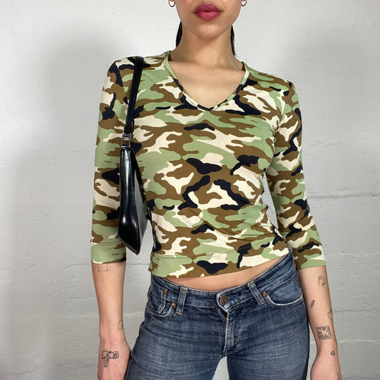 Vintage 90’s Downtown Girl Cropped Camouflage Jersey 3/4 Sleeve Top with V-Neck Cut