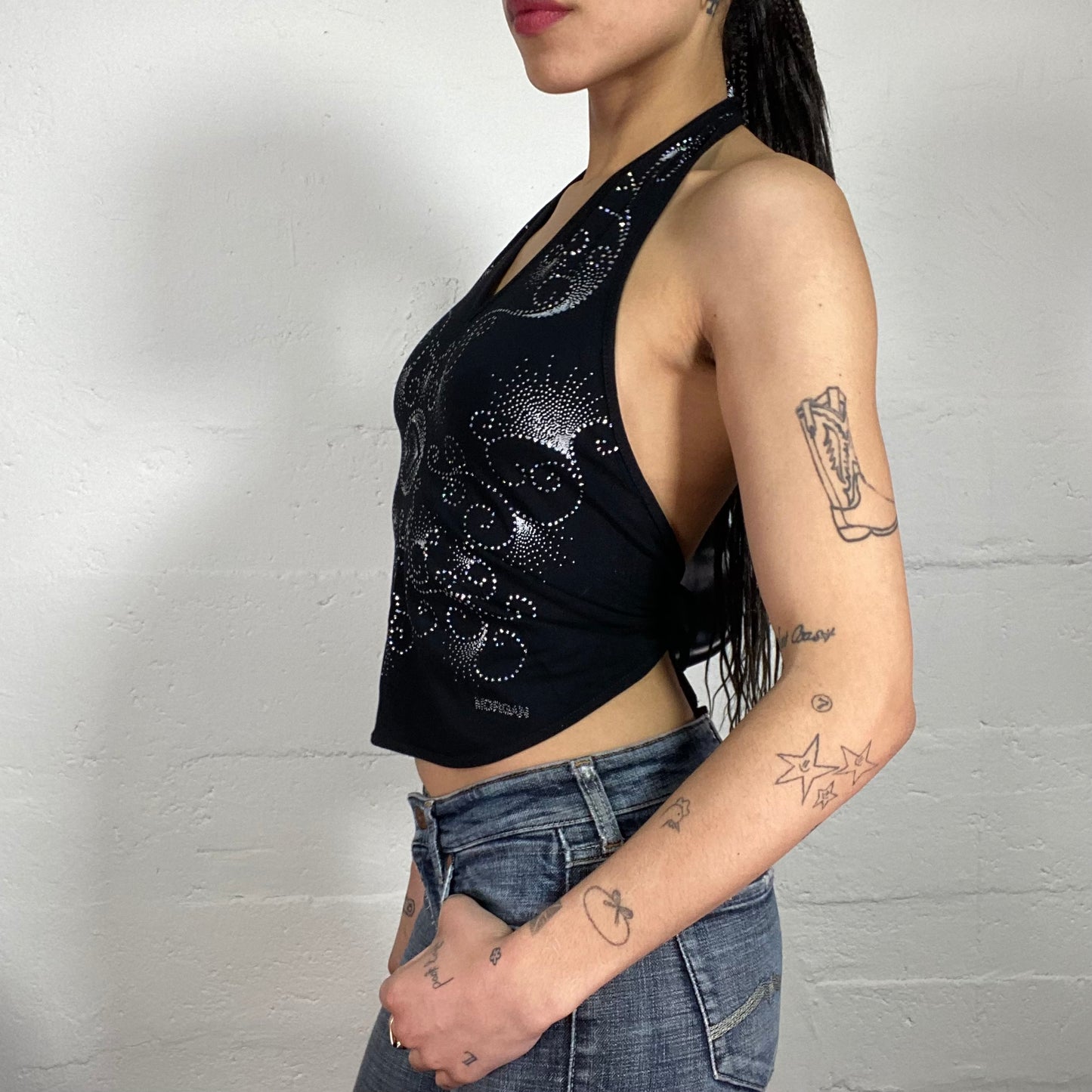 Vintage 2000’s Glamorous Morgan Black Neckholder Top with Rhinestoned Print and Open Back (S)