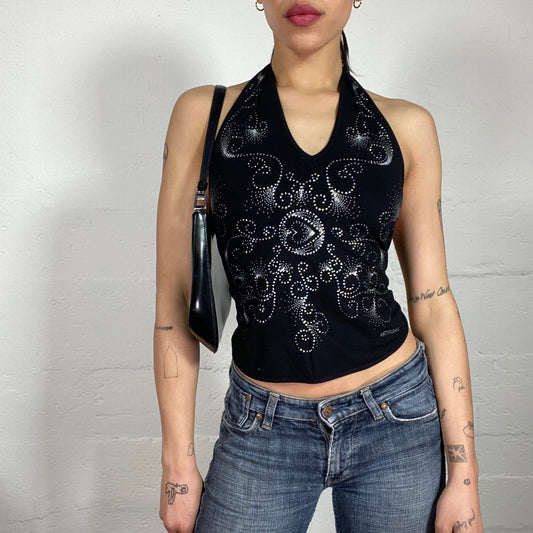 Vintage 2000’s Glamorous Morgan Black Neckholder Top with Rhinestoned Print and Open Back (S)