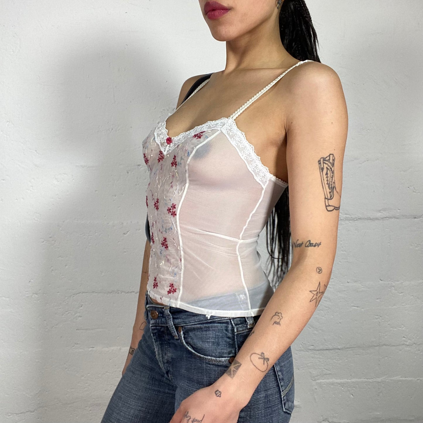 Vintage 90’s Romantic Soft Girl Lingerie White Mesh See Through Cami Top with Floral Embroidery (S)