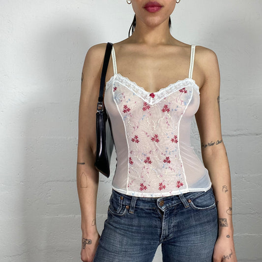 Vintage 90’s Romantic Soft Girl Lingerie White Mesh See Through Cami Top with Floral Embroidery (S)