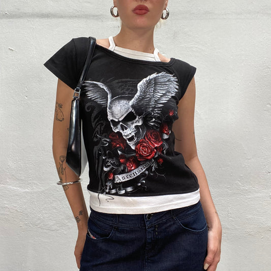 Vintage 90's Gothic Black and White Layered Top with Skull and Roses Print (S)