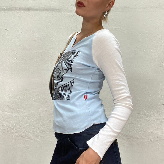 Vintage 90's Downtown Girl Light Blue Longsleeve Top with "California Cute University" Glitter Print (S)