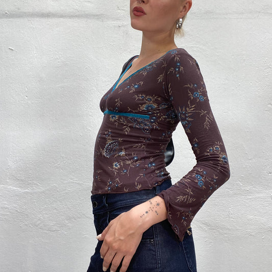 Vintage 90's Hippie Brown Longsleeve Top with Blue Velvet Trim and Floral Print (XS/S)