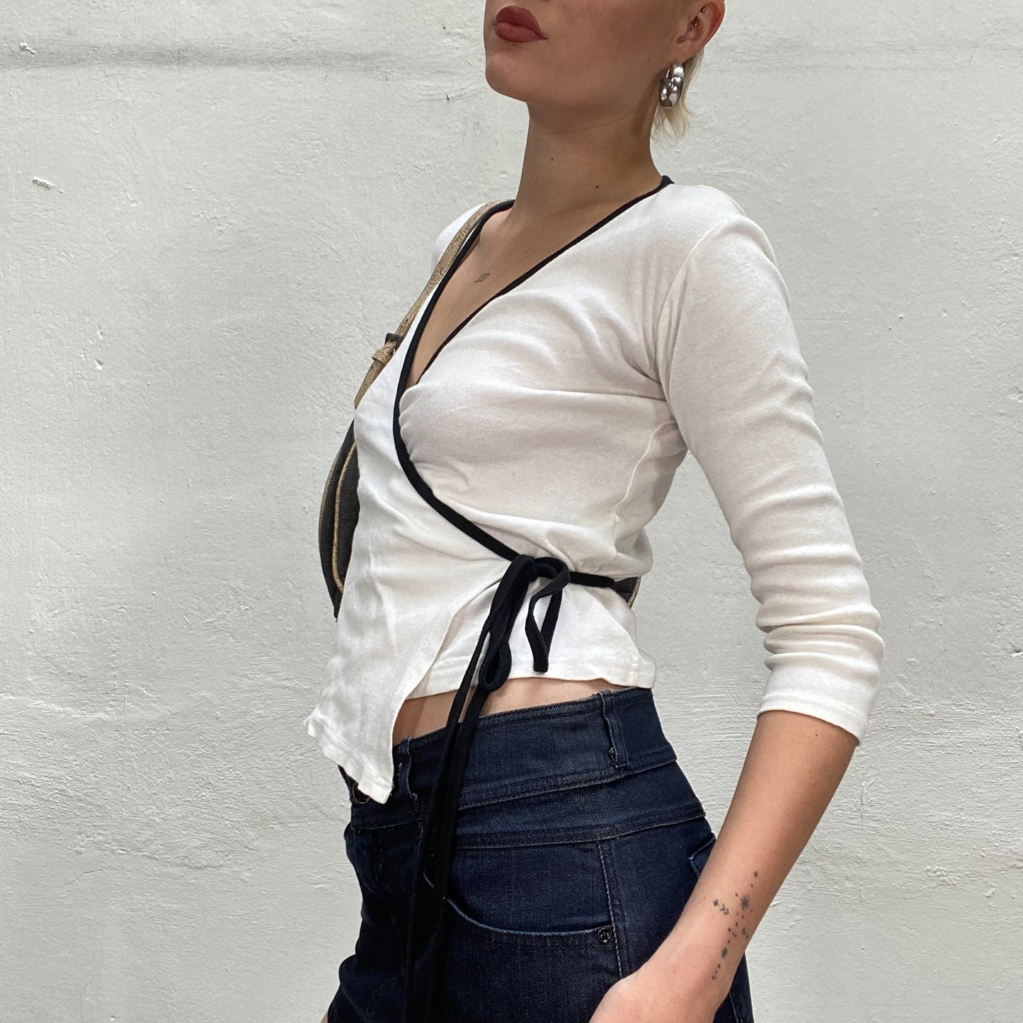 Vintage 90's Ballet White Wrap Top with Black Trim Detail (S)