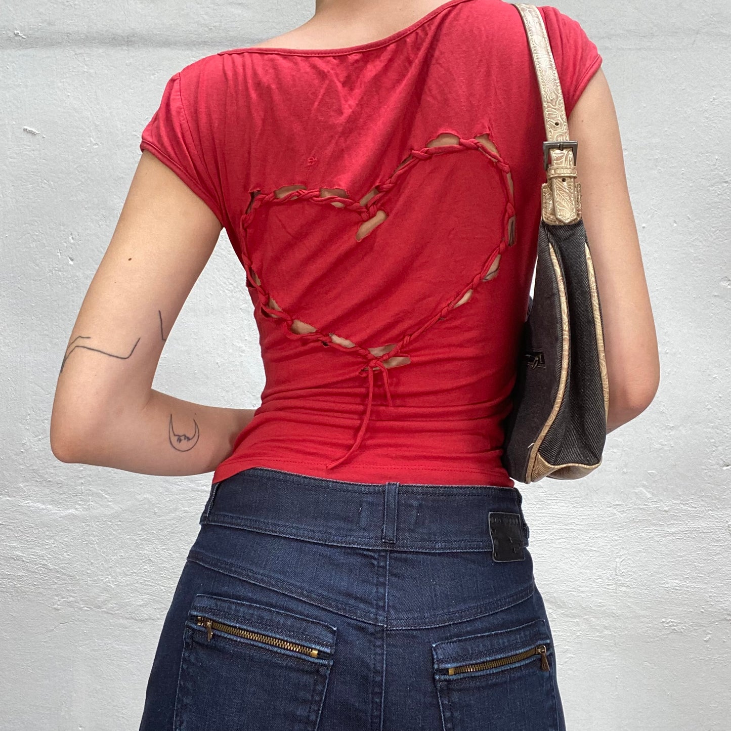 Vintage 90's Classic Red Top with Cut-Out Heart in the Back (S)