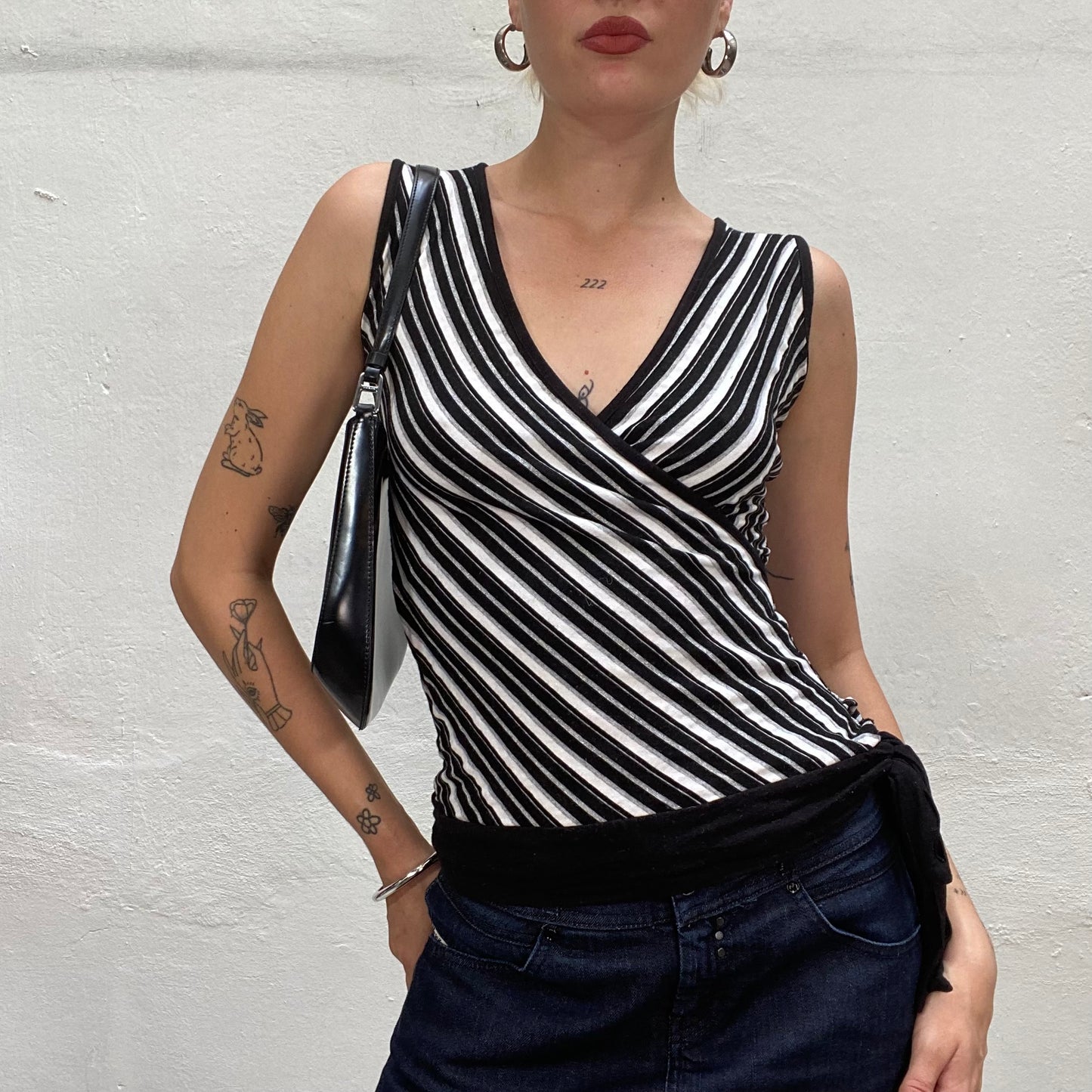 Vintage 2000's Model Off Duty Grey Crossed Top with Striped Print (S)