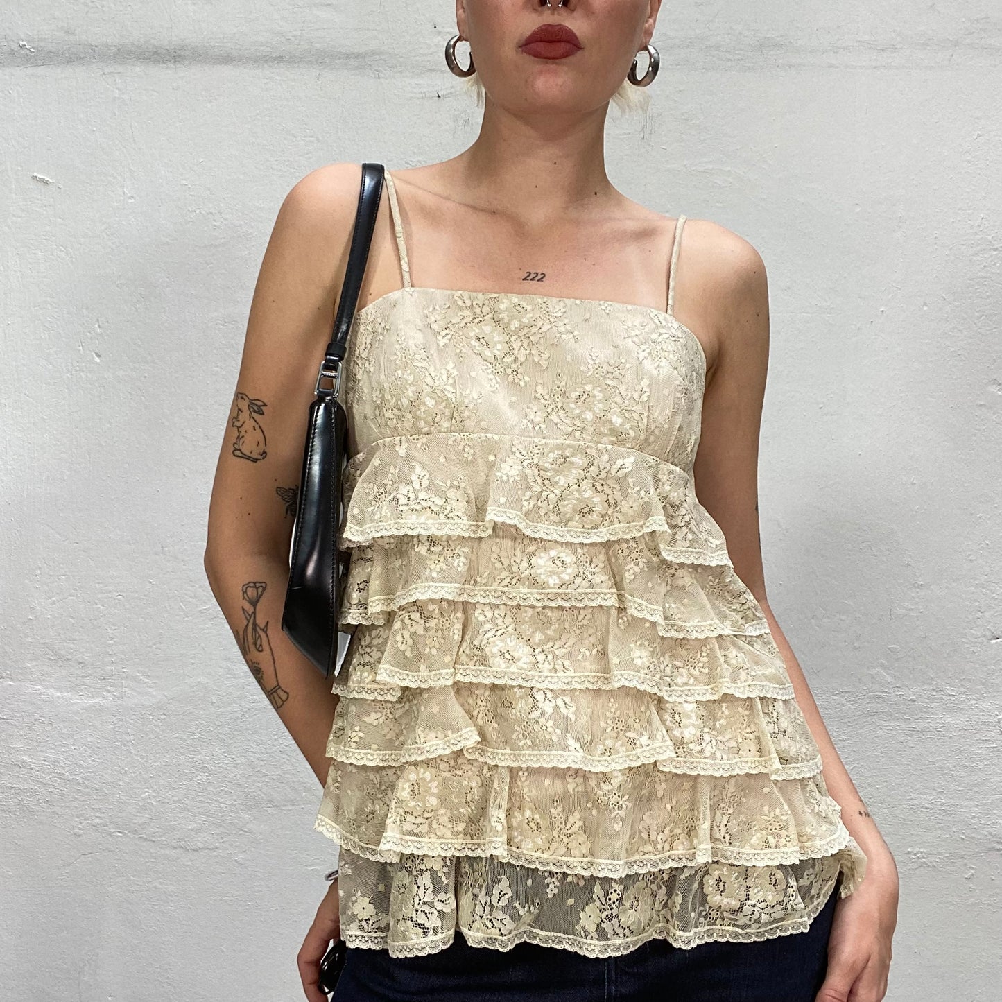 Vintage 90's Coquette Off White Lace Top with Frills (S/M)