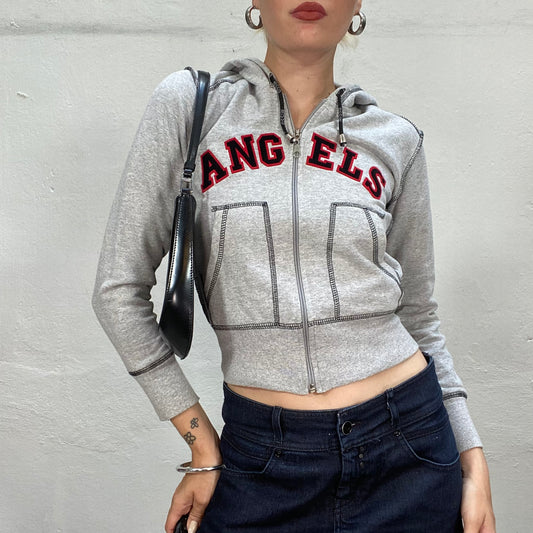 Vintage 90's Downtown Girl Grey Zip Up Sweater with "Angels" Print (S)