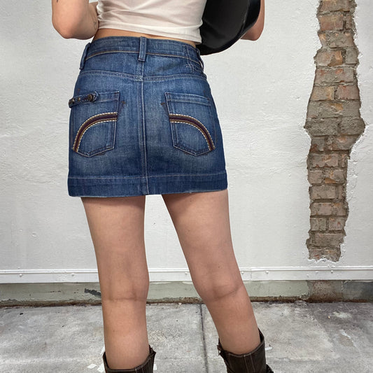 Vintage 2000's Model Off Duty Dark Denim Mini Skirt with Brown Pattern Pocket Detail (S)