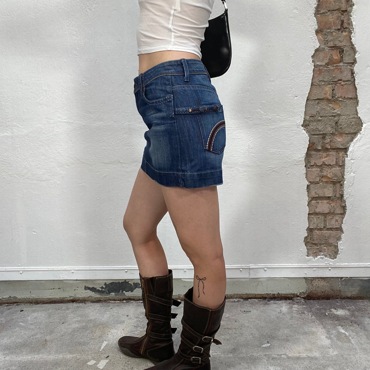 Vintage 2000's Model Off Duty Dark Denim Mini Skirt with Brown Pattern Pocket Detail (S)