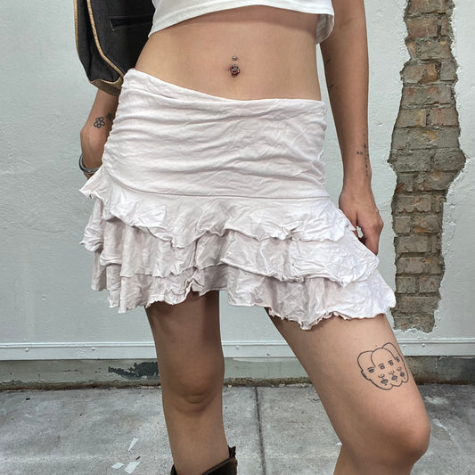 Vintage 2000's Summer Beige Mini Skirt with Layered Frills (M)