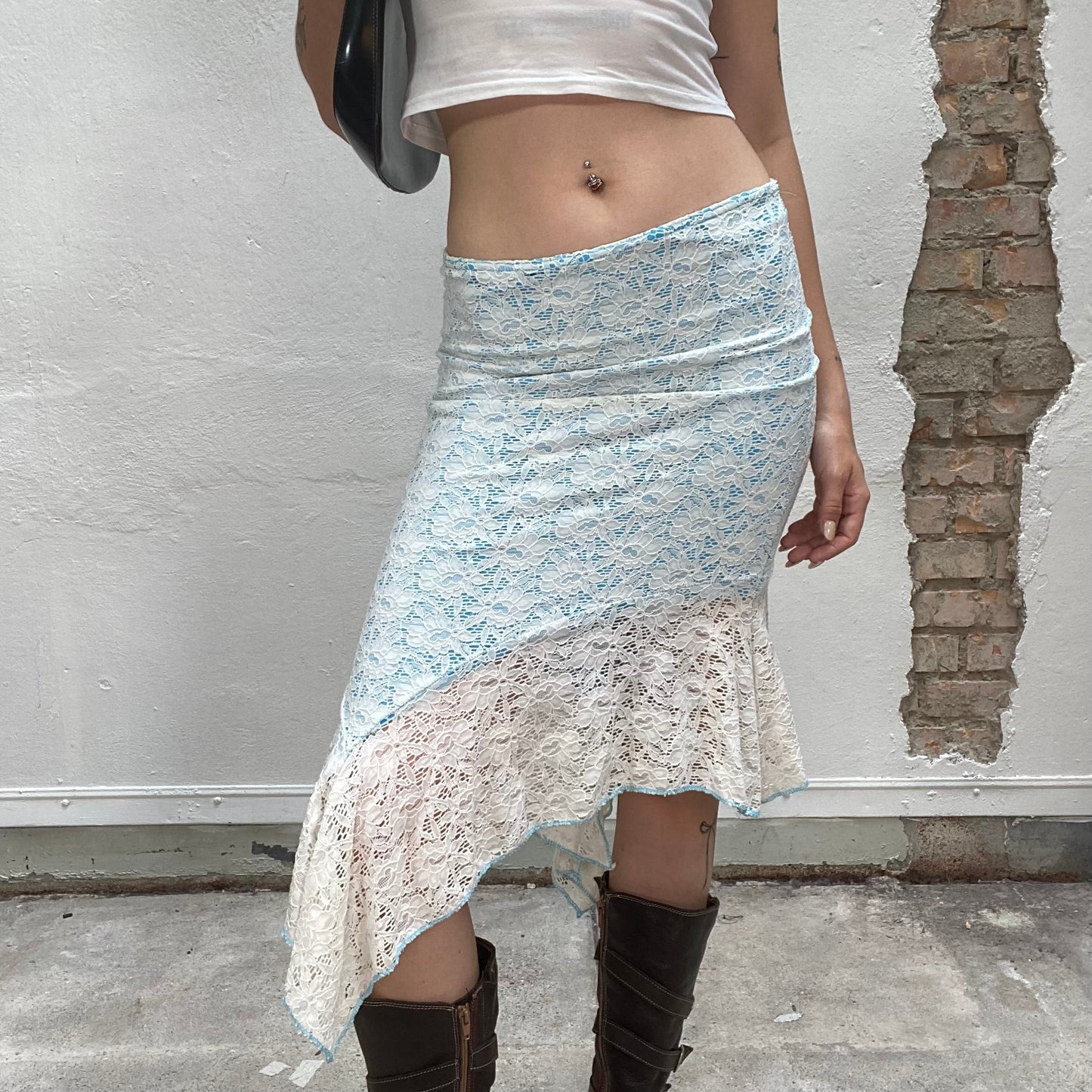 Vintage 2000's Indie Baby Blue Asymmetric Midi Skirt with White Lace Material (S)