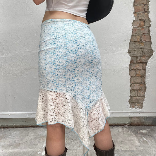 Vintage 2000's Indie Baby Blue Asymmetric Midi Skirt with White Lace Material (S)