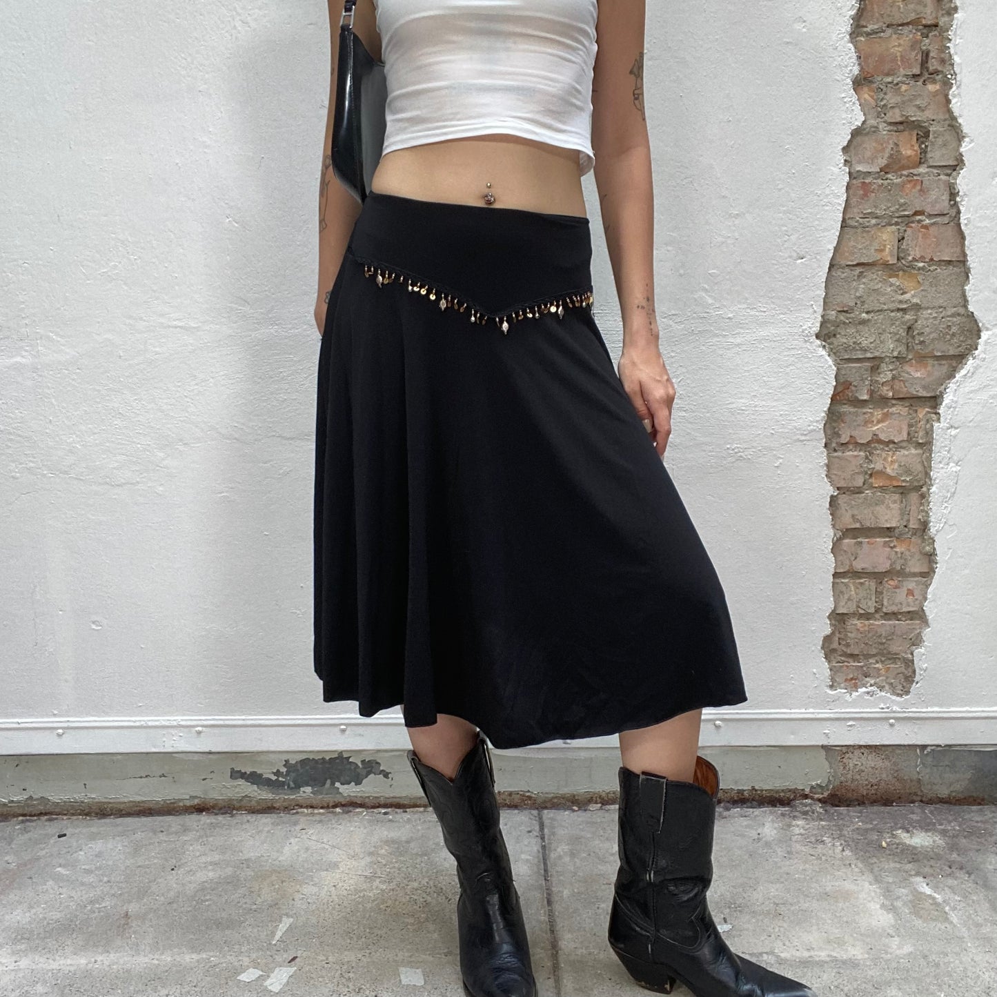 Vintage 90's Boho Style Black Midi Skirt with Hip Charms Detail (S)