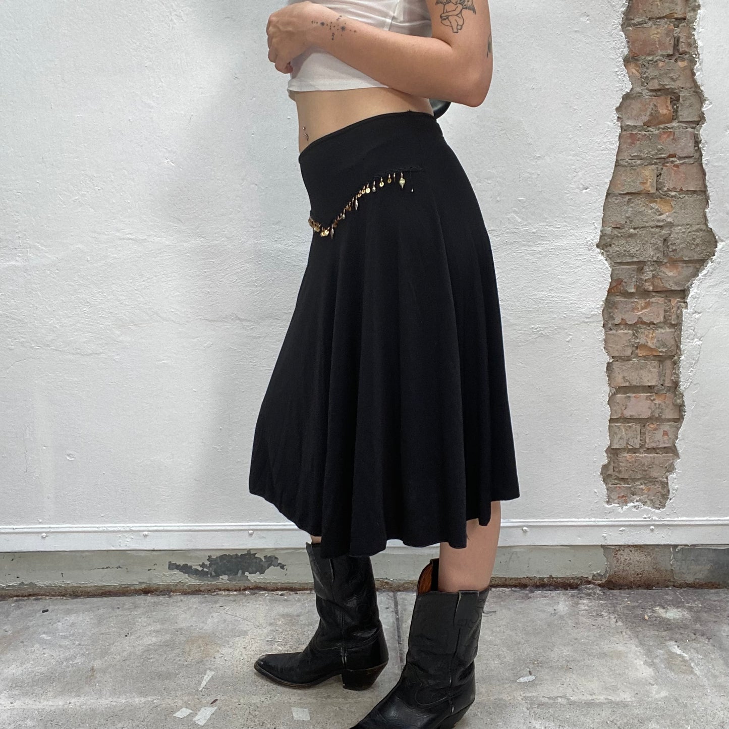 Vintage 90's Boho Style Black Midi Skirt with Hip Charms Detail (S)