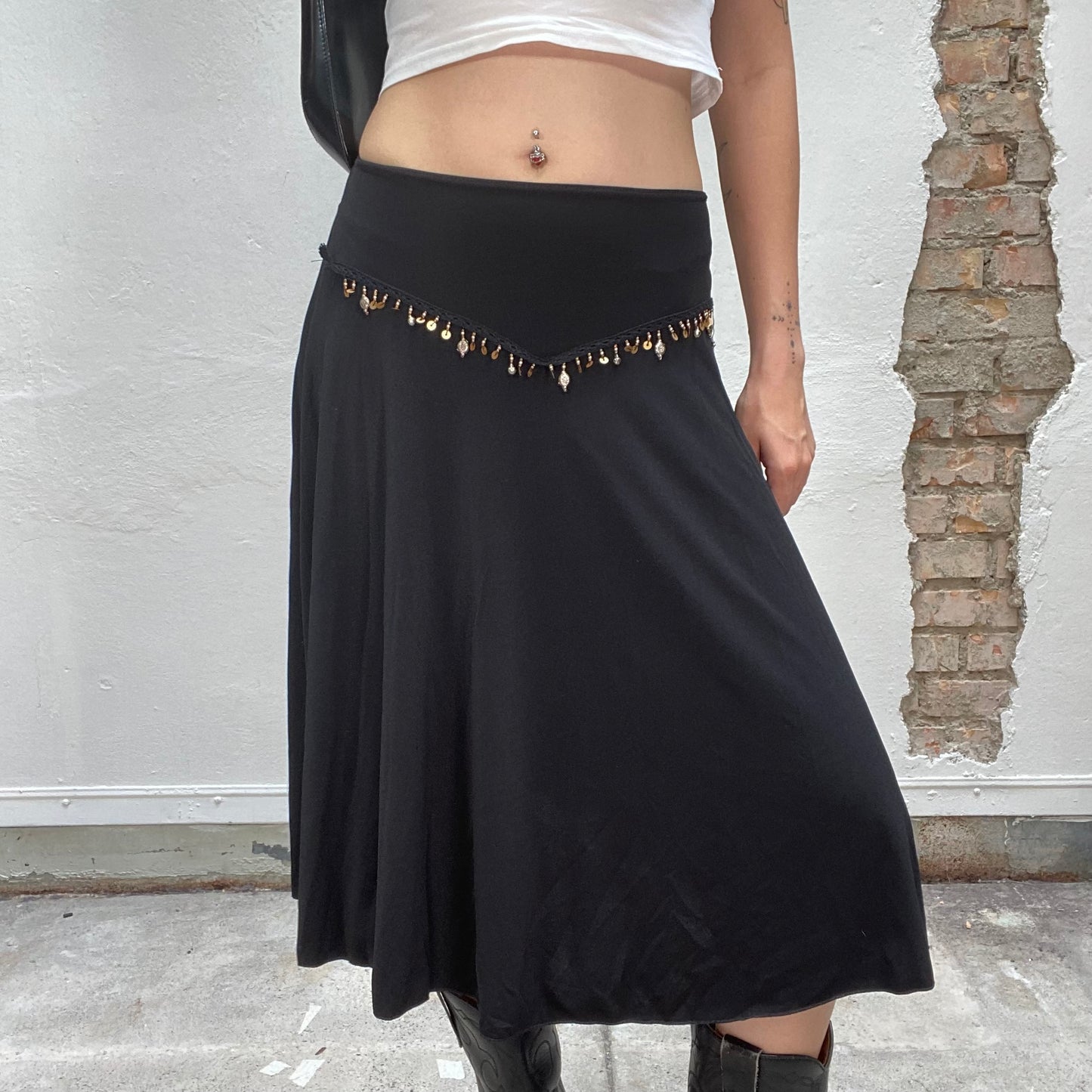 Vintage 90's Boho Style Black Midi Skirt with Hip Charms Detail (S)