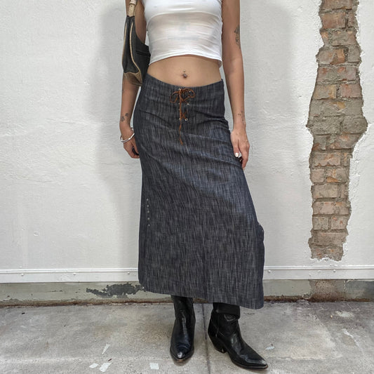 Vintage 90's Cow-Girl Grey Denim Maxi Skirt with Brown Lace Up Detail (S/M)