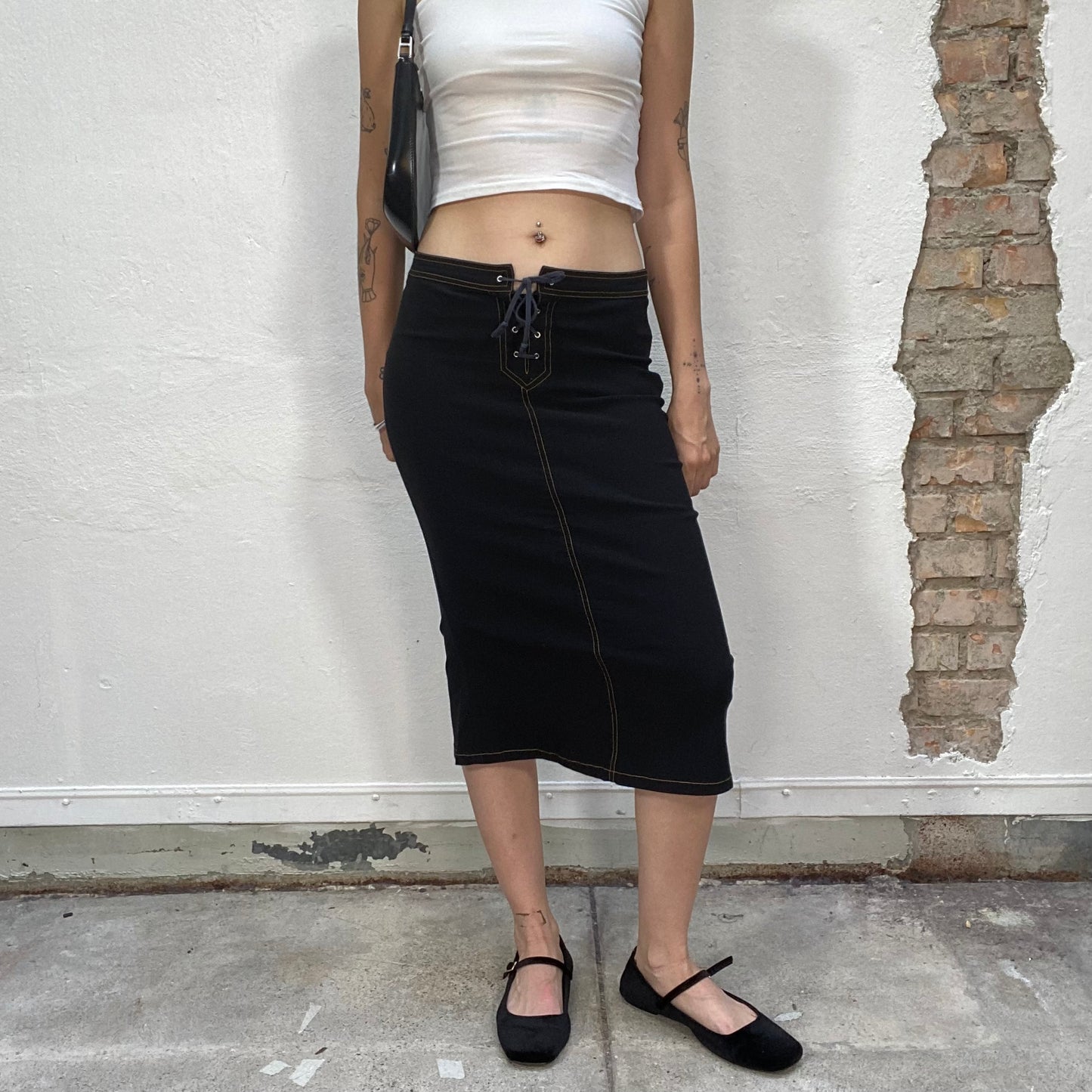 Vintage 2000's Model Off Duty Pin-Up Denim Midi Tube Skirt with Lace Up Detail (S)