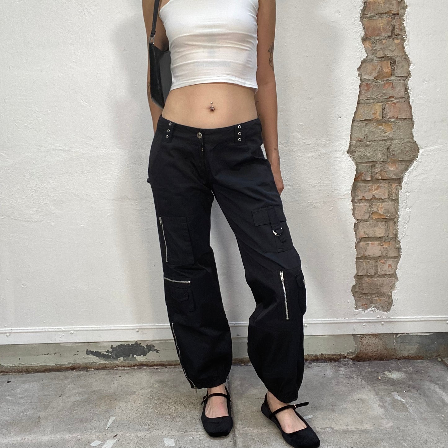 Vintage 90's Indie Sleaze Black Cargo Pants with Studs and Zip Details (S)