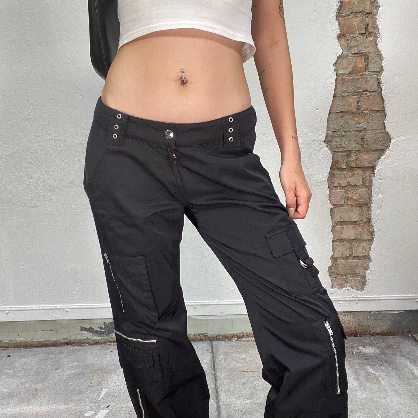 Vintage 90's Indie Sleaze Black Cargo Pants with Studs and Zip Details (S)