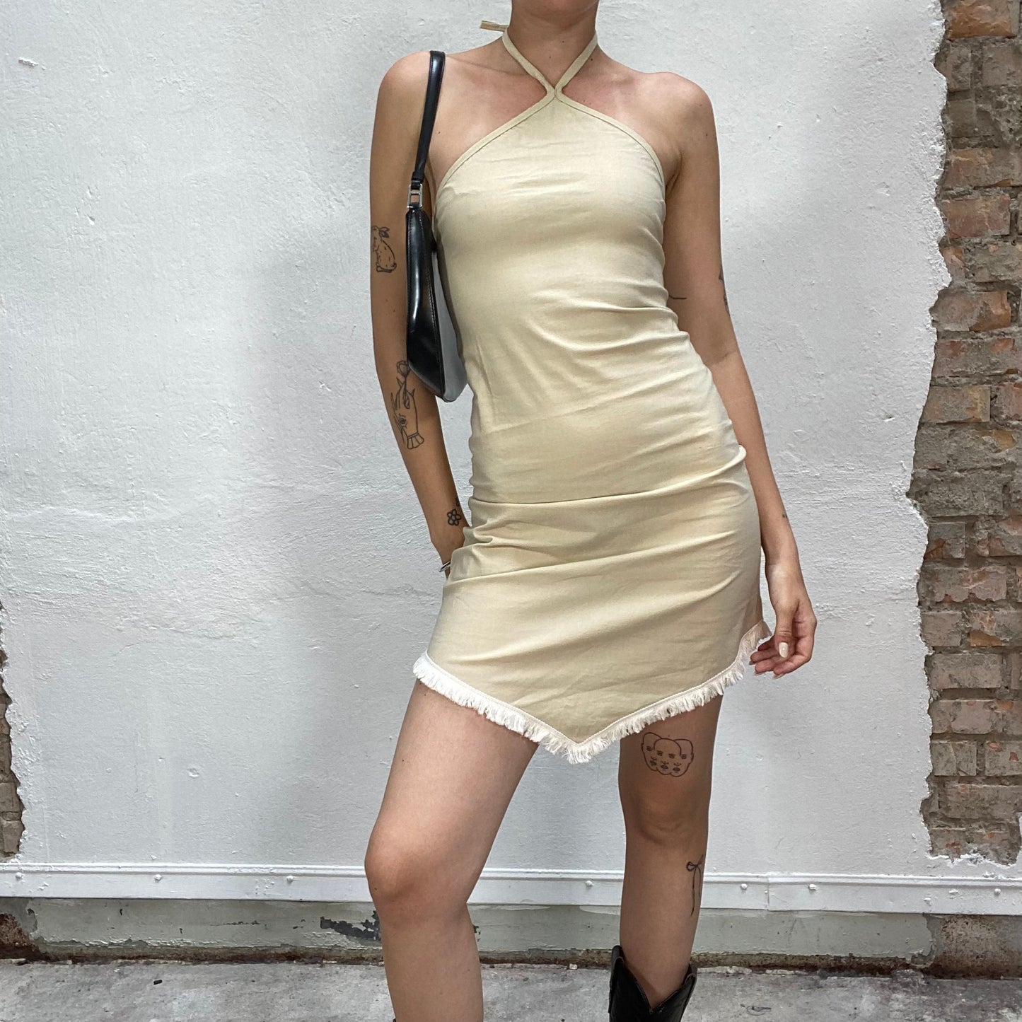 Vintage 90's Hippie Beige Neckholder Mini Dress with Fringed Detailing on the Bottom Part (S)