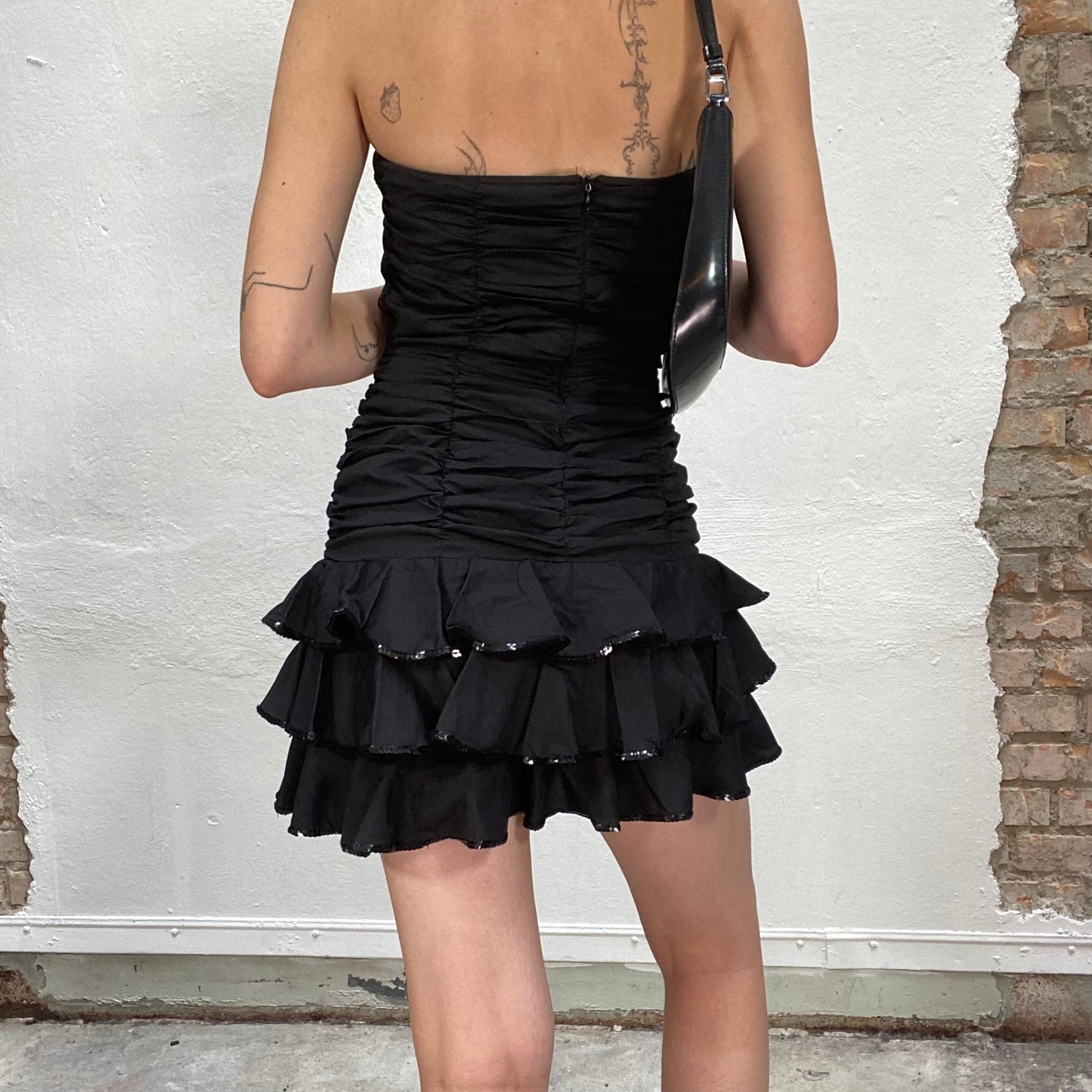 Vintage 2000's Clubwear Black Strapless Mini Dress with Frills and Sequin Detail (S)