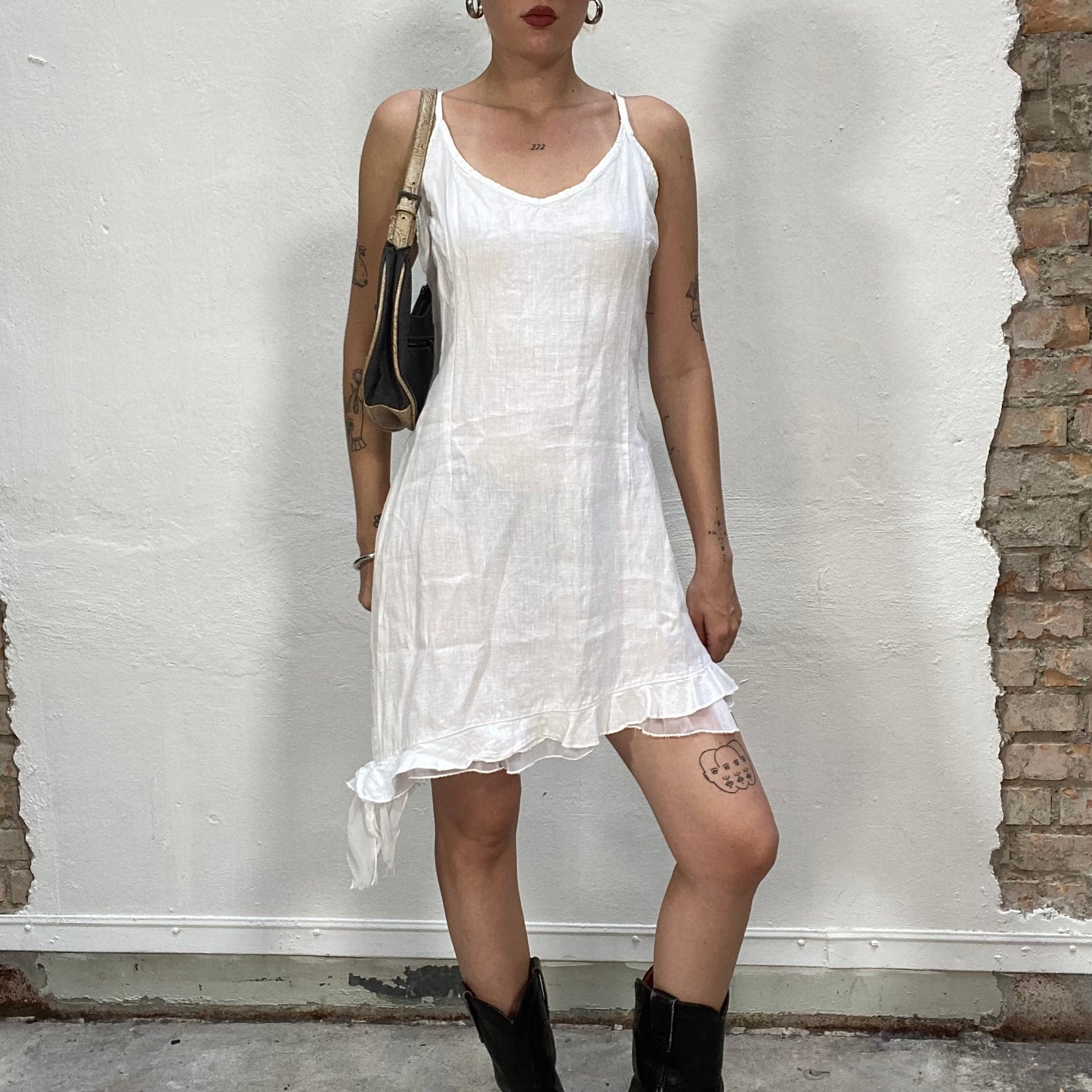 Vintage 2000's Boho White Mini Dress with Frills and Asymmetric Bottom Part (M)